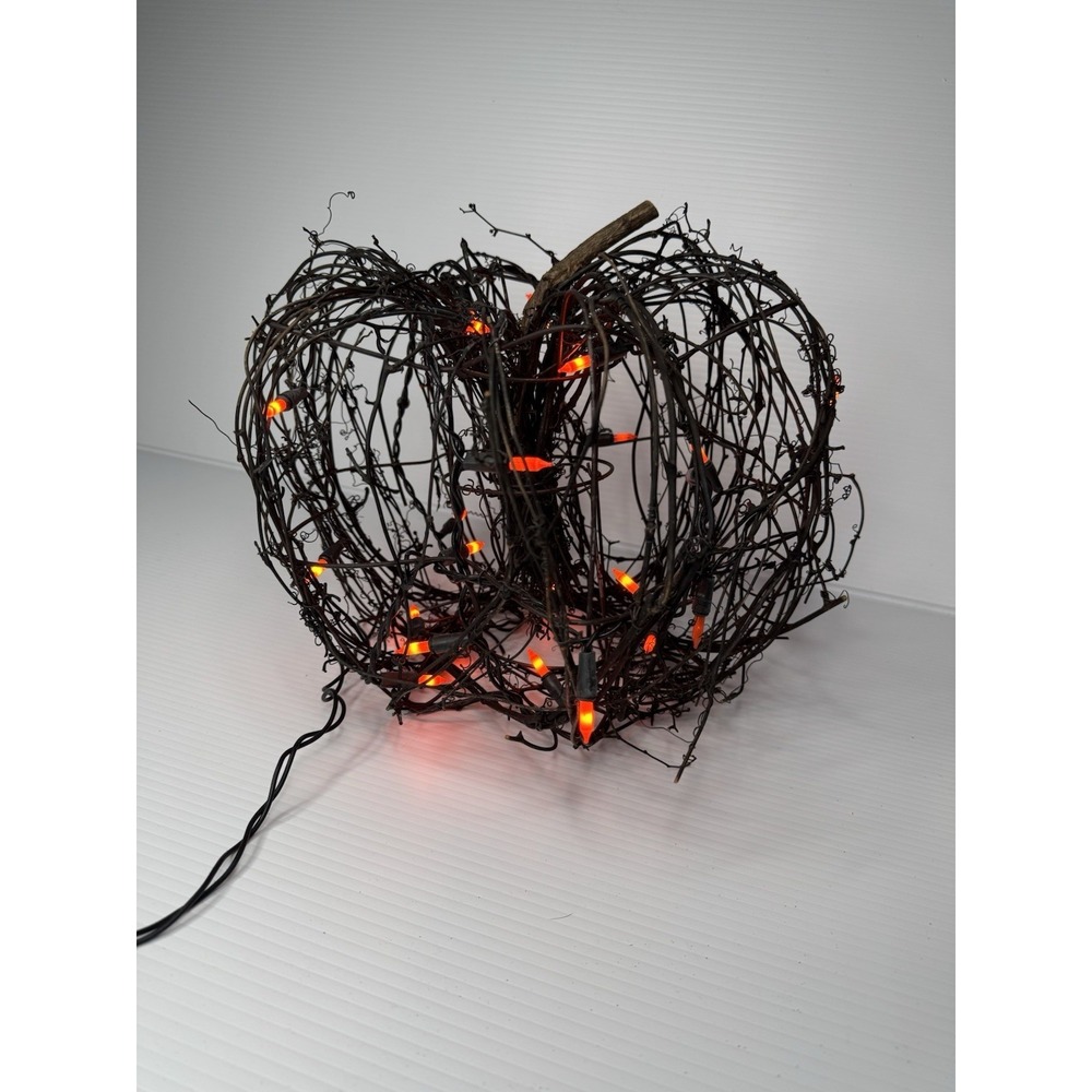 Lighted Grapevine Pumpkin Halloween Fall Harvest Orange Light Up Decoration